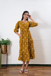 Mustard balloon sleeved cotton midi dress