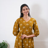 Mustard balloon sleeved cotton midi dress