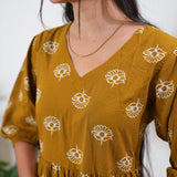 Mustard balloon sleeved cotton midi dress