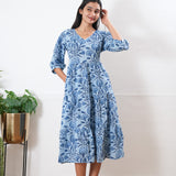 Powder blue balloon sleeved cotton midi dress