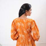 Tangerine balloon sleeved cotton midi dress