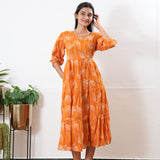 Tangerine balloon sleeved cotton midi dress