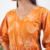 Tangerine balloon sleeved cotton midi dress