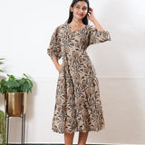 Beige balloon sleeved cotton midi dress