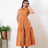 Orange cotton button down shirt midi dress