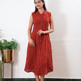 Brick red cotton shirt dress(attached sleeves)
