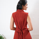 Brick red cotton shirt dress(attached sleeves)