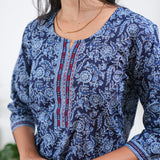 Round neck cotton short kurti - Indigo