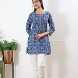 Round neck cotton short kurti - Indigo