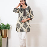 Round neck cotton short kurti - beige and black