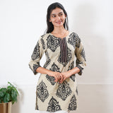 Round neck cotton short kurti - beige and black