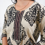 Round neck cotton short kurti - beige and black