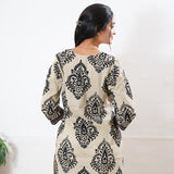 Round neck cotton short kurti - beige and black