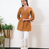 Peplum cotton short kurti - Mustard