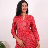 Red bandhani mandarin anarkali kurti