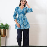 Peplum cotton short kurti - Blue dahlia