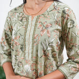 Round neck cotton short kurti - Pastel green