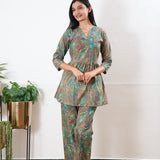 Turquoise v neck cotton co-ords set