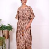 Beige floral hand block cotton kaftan