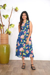 Royal blue lillies cotton shirt dress(attached sleeves)