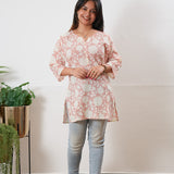 Round neck cotton short kurti -Coral