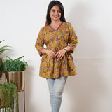 Peplum cotton short kurti - Mustard