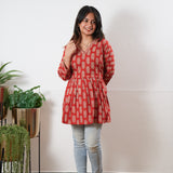 Peplum cotton short kurti - Red