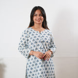 Round neck cotton short kurti - Blue butta
