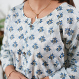 Round neck cotton short kurti - Blue butta