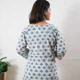 Round neck cotton short kurti - Blue butta