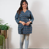 Peplum cotton short kurti - Blue roses