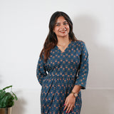 Peplum cotton short kurti - Blue roses