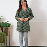 V neck cotton short kurti -Forest green