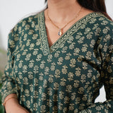 V neck cotton short kurti -Forest green