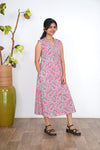 Ira cotton v neck gathered dress-Sea blue(attached sleeves)