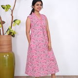 Ira cotton v neck gathered dress -Flamingo pink(attached sleeves)