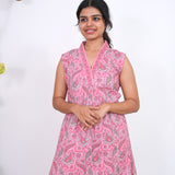 Ira cotton v neck gathered dress -Flamingo pink(attached sleeves)