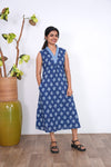 Ira cotton v neck gathered dress-Blue(attached sleeves)