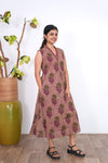Ira cotton v neck gathered dress-Plum(attached sleeves)