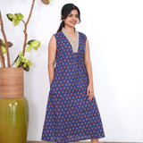 Ira cotton v neck gathered dress -Royal blue(attached sleeves)