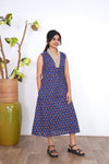 Ira cotton v neck gathered dress -Royal blue(attached sleeves)