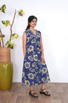 Ira cotton v neck gathered dress -Indigo(attached sleeves)