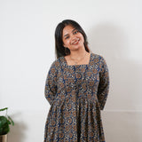 Navy and brown cotton v neck dress