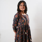 Navy floral cotton v neck dress
