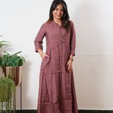 Maroon stripes muslin button down shirt dress