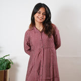Maroon stripes muslin button down shirt dress
