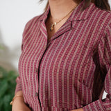 Maroon stripes muslin button down shirt dress