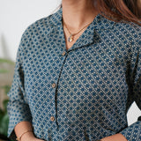 Blue and beige muslin button down shirt dress