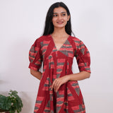 Maroon geometric cotton midi dress
