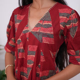 Maroon geometric cotton midi dress